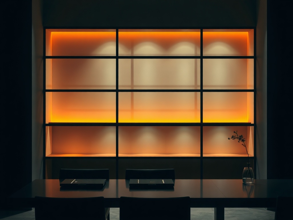 A modern interior with warm lighting and clean lines